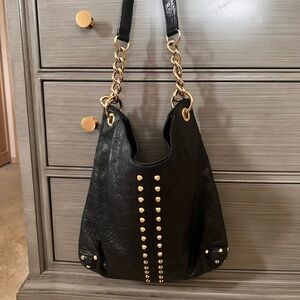 Black leather Michael Kors slouchy handbag with gold studs & chain EUC